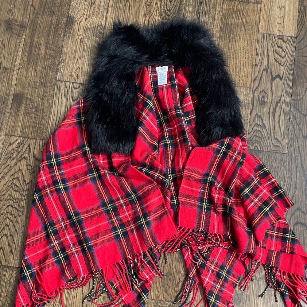 J.Crew Red Tartan Plaid Faux Fur Collar Cape Poncho Shawl Scarf One Size